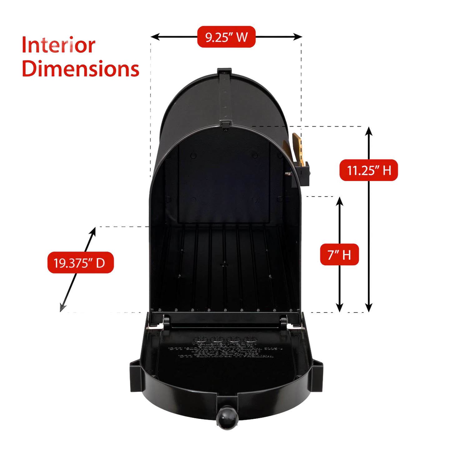 Open black and gold metal mailbox showing interior dimensions with detailed height, width, and depth measurements for Home & Decor, Household Helpers, and USA Made collections.