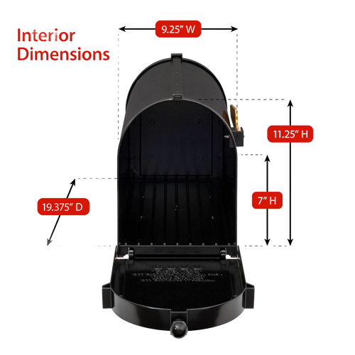 Open black and gold metal mailbox showing interior dimensions with detailed height, width, and depth measurements for Home & Decor, Household Helpers, and USA Made collections.