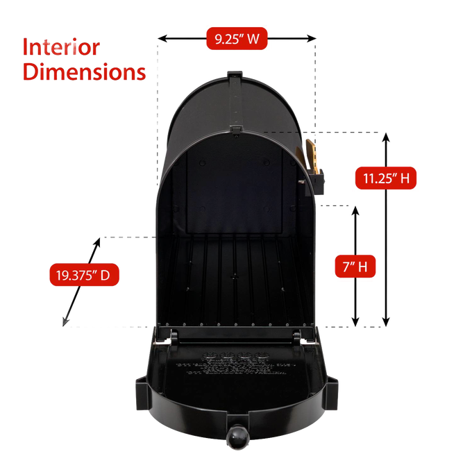 Open black and gold metal mailbox showing interior dimensions with detailed height, width, and depth measurements for Home & Decor, Household Helpers, and USA Made collections.