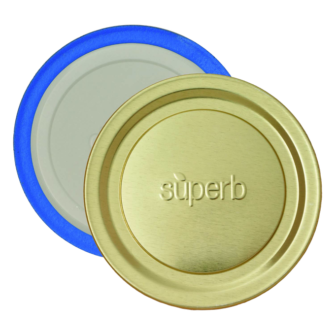 Two handcrafted wide-mouth canning jar lids and bands, made in USA with BluSeal™ adhesive for superior sealing, ideal for Kitchen & Food and Food Preservation collections.