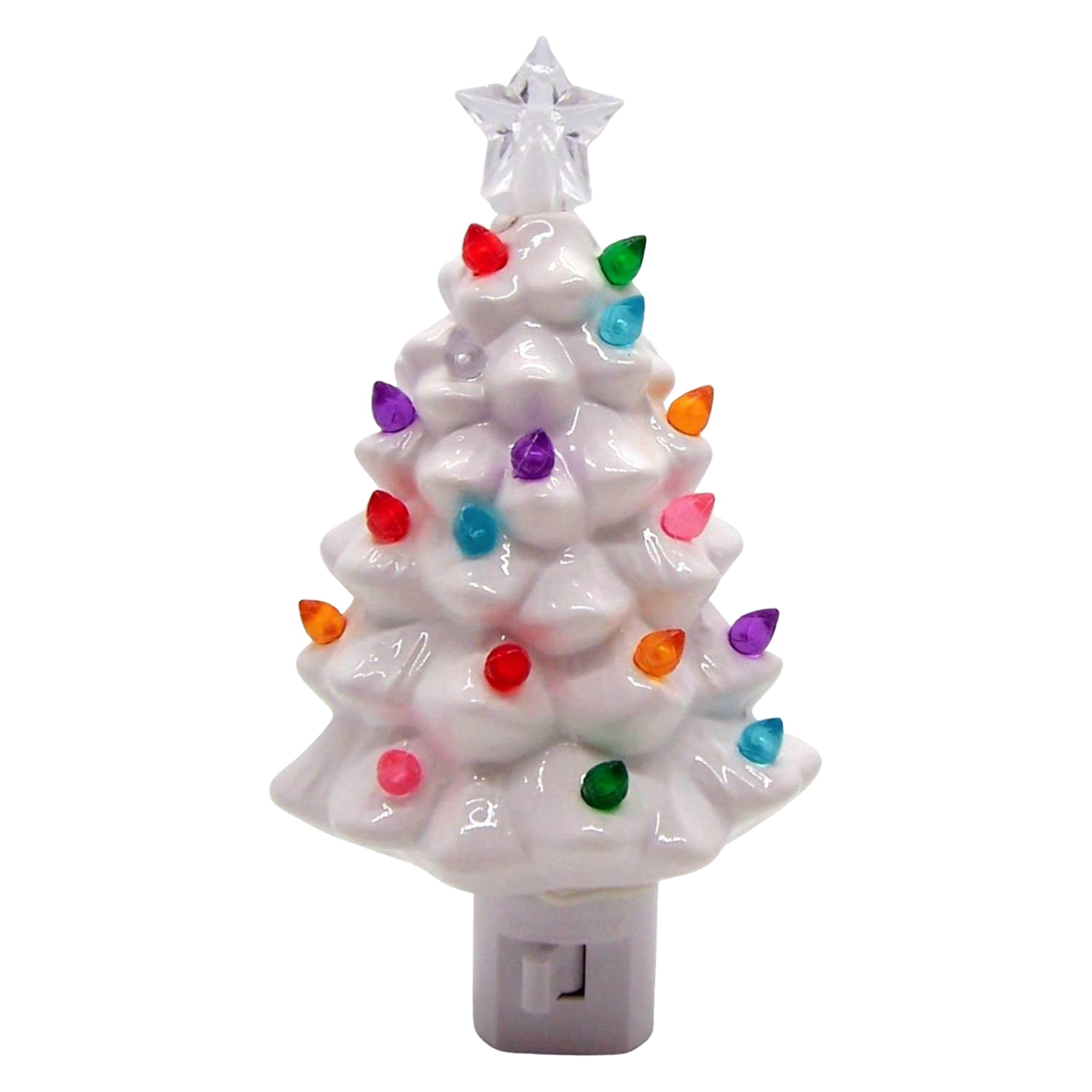Handcrafted ceramic Christmas tree nightlight with colorful bulbs and star topper, designed to add a festive glow, featured in Home & Decor, Holiday Decor, Best Sellers, and Promo Eligible collections.