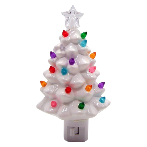 Handcrafted ceramic Christmas tree nightlight with colorful bulbs and star topper, designed to add a festive glow, featured in Home & Decor, Holiday Decor, Best Sellers, and Promo Eligible collections.