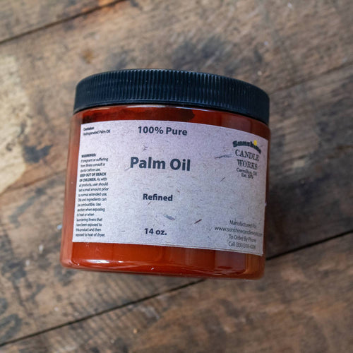 14-ounce amber container of refined pure palm oil with black lid, handcrafted and made in USA, featured in Health & Wellness, Soaps and Soapmaking, Soapmaking Supplies, Best Sellers, and Promo Eligible collections.