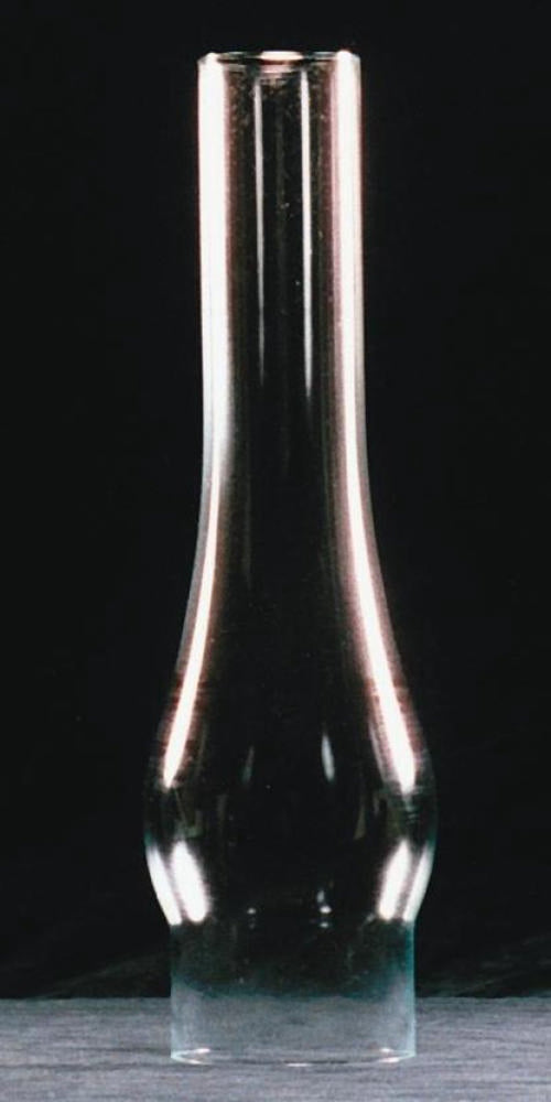 Clear glass oil lamp chimney with a 2-7/8 inch base and bulged midsection, handcrafted for lamps and lighting, parts and accessories, and chimneys and globes collections.