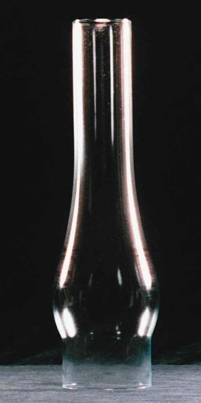 Clear glass oil lamp chimney with a 2-7/8 inch base and bulged midsection, handcrafted for lamps and lighting, parts and accessories, and chimneys and globes collections.