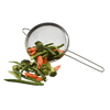 Stainless steel mesh strainer with long handle and resting ring, shown holding fresh green beans, broccoli, and carrot slices, suitable for Kitchen & Food and Cooking collections.