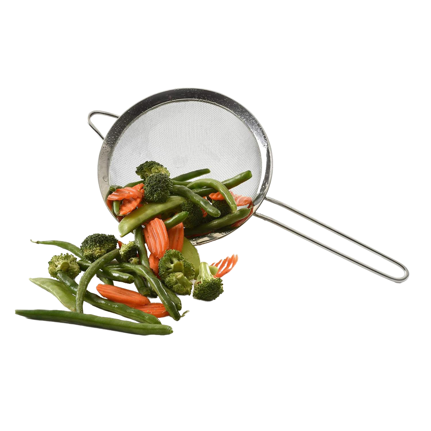 Stainless steel mesh strainer with long handle and resting ring, shown holding fresh green beans, broccoli, and carrot slices, suitable for Kitchen & Food and Cooking collections.
