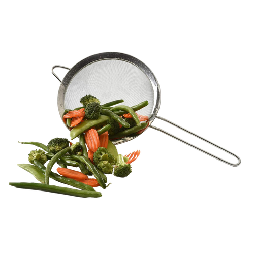 Stainless steel mesh strainer with long handle and resting ring, shown holding fresh green beans, broccoli, and carrot slices, suitable for Kitchen & Food and Cooking collections.