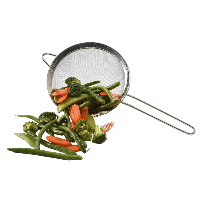 Stainless steel mesh strainer with long handle and resting ring, shown holding fresh green beans, broccoli, and carrot slices, suitable for Kitchen & Food and Cooking collections.