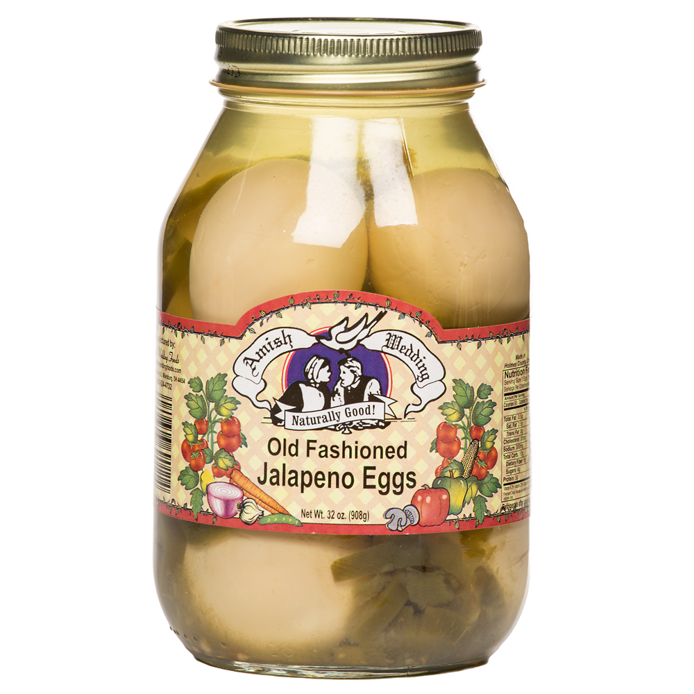 Glass jar of handcrafted old fashioned pickled eggs with jalapeno peppers in clear brine featuring vintage label, made in USA, ideal for Kitchen & Food, Pantry, USA Made, Best Sellers, and Promo Eligible collections.