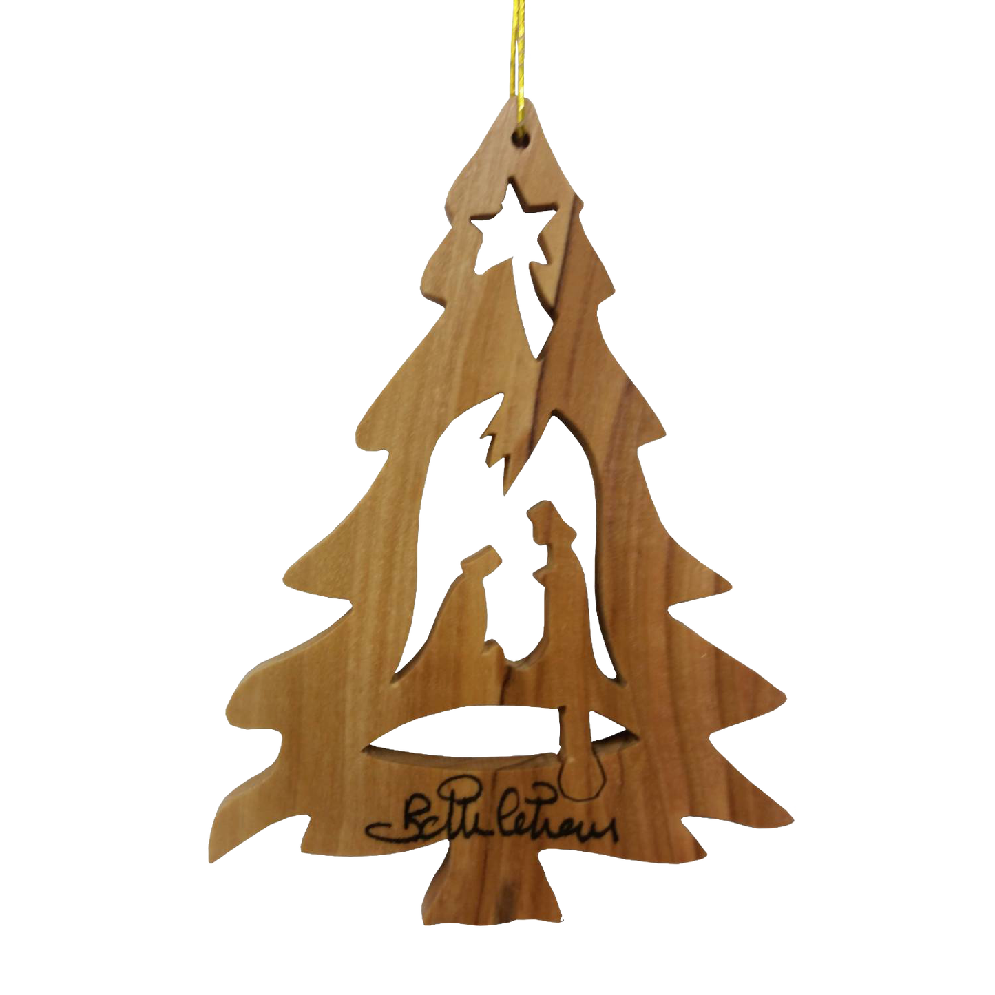 Handcrafted olive wood Christmas tree ornament featuring a nativity silhouette, perfect for Home & Decor, Holiday Decor, Best Sellers, and Promo Eligible collections.