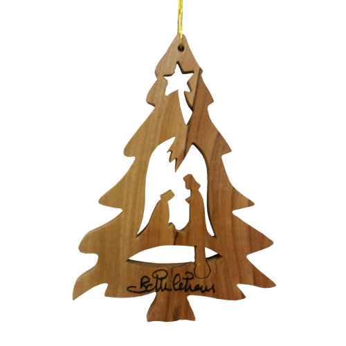 Handcrafted olive wood Christmas tree ornament featuring a nativity silhouette, perfect for Home & Decor, Holiday Decor, Best Sellers, and Promo Eligible collections.