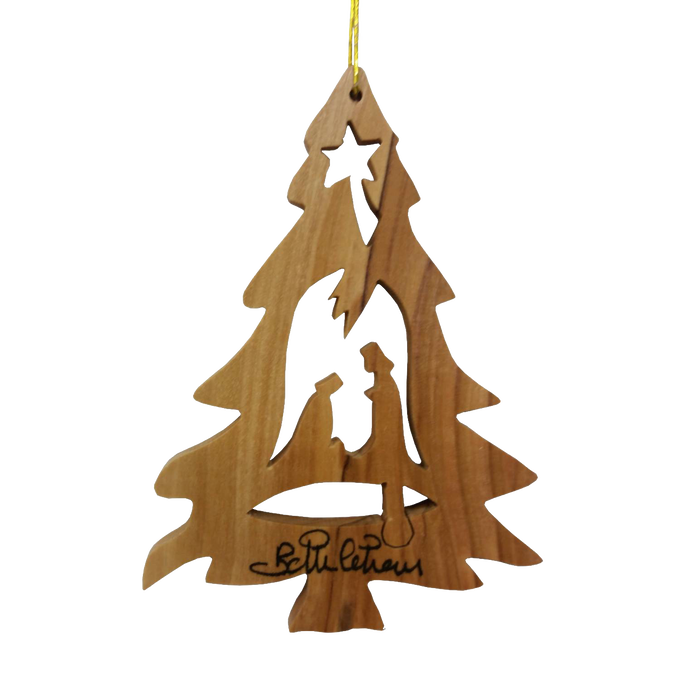 Handcrafted olive wood Christmas tree ornament featuring a nativity silhouette, perfect for Home & Decor, Holiday Decor, Best Sellers, and Promo Eligible collections.