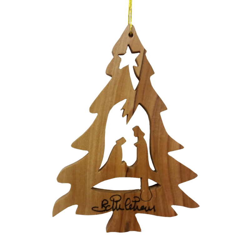 Handcrafted olive wood Christmas tree ornament featuring a nativity silhouette, perfect for Home & Decor, Holiday Decor, Best Sellers, and Promo Eligible collections.