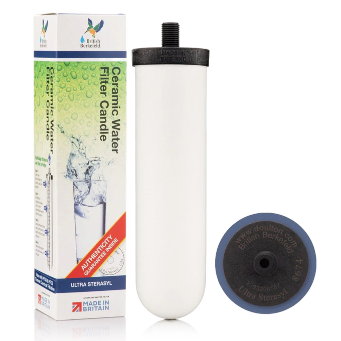 Ceramic water filter candle with black threaded top and matching base, designed for gravity water filtration, featured in Farm, Garden & Tool and Emergency Supplies collections.