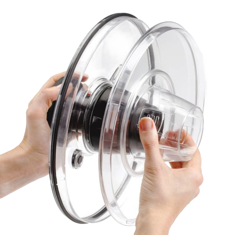 Pair of hands holding a clear plastic locking lid with integrated spin mechanism for a stainless steel salad spinner, featured for Kitchen & Food, Kitchen Gadgets, Cooking and Baking Helpers, Best Sellers, and Promo Eligible collections.