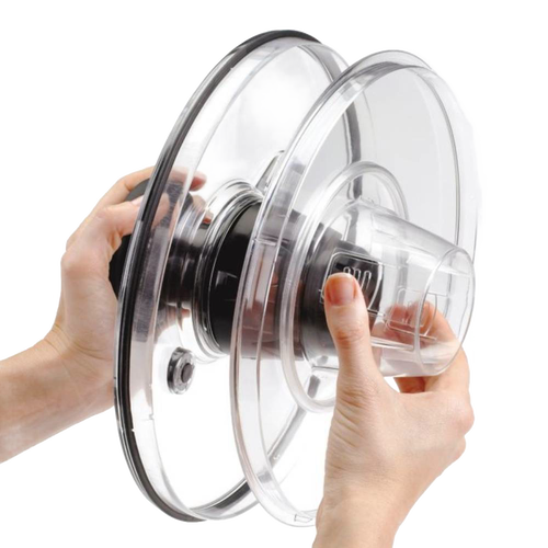 Pair of hands holding a clear plastic locking lid with integrated spin mechanism for a stainless steel salad spinner, featured for Kitchen & Food, Kitchen Gadgets, Cooking and Baking Helpers, Best Sellers, and Promo Eligible collections.