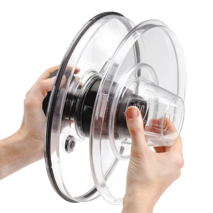 Pair of hands holding a clear plastic locking lid with integrated spin mechanism for a stainless steel salad spinner, featured for Kitchen & Food, Kitchen Gadgets, Cooking and Baking Helpers, Best Sellers, and Promo Eligible collections.