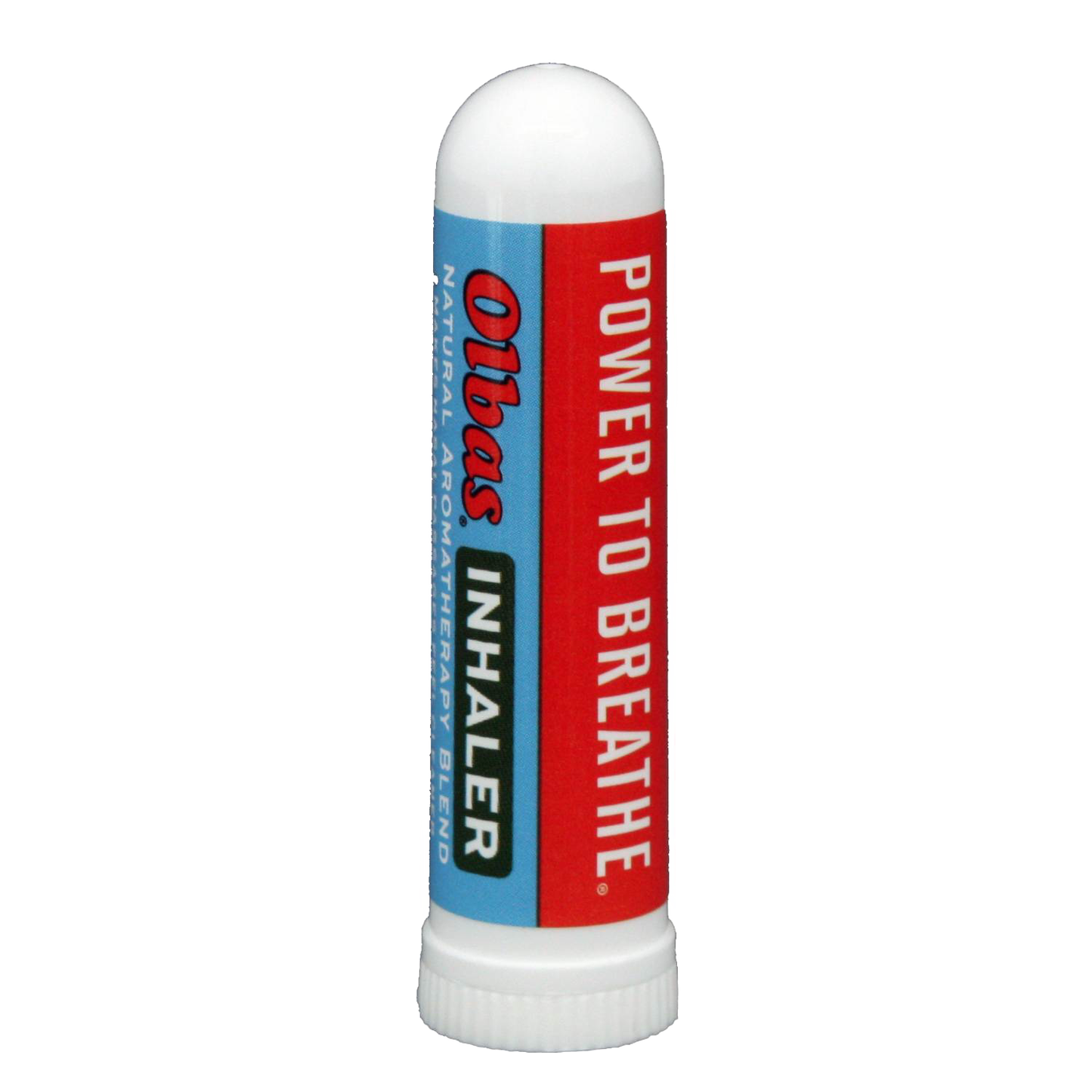 Compact all-natural inhaler in a white plastic tube with red and blue label reading "Power to Breathe," ideal for Health & Wellness, Health Remedies, Best Sellers, and Promo Eligible collections.
