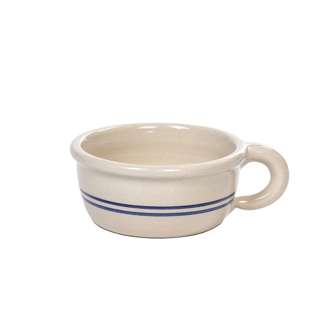 Handcrafted stoneware chili bowl in natural color with double blue stripes and a handle, made in USA, perfect for Kitchen & Food, Dinnerware, Best Sellers, and Promo Eligible collections.