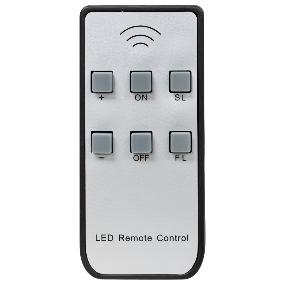 Compact LED remote control with six buttons including power, brightness adjustment, and timer functions, designed for use with LED clip-on candle lights in Home & Decor, Holiday Decor, Best Sellers, and Promo Eligible collections.