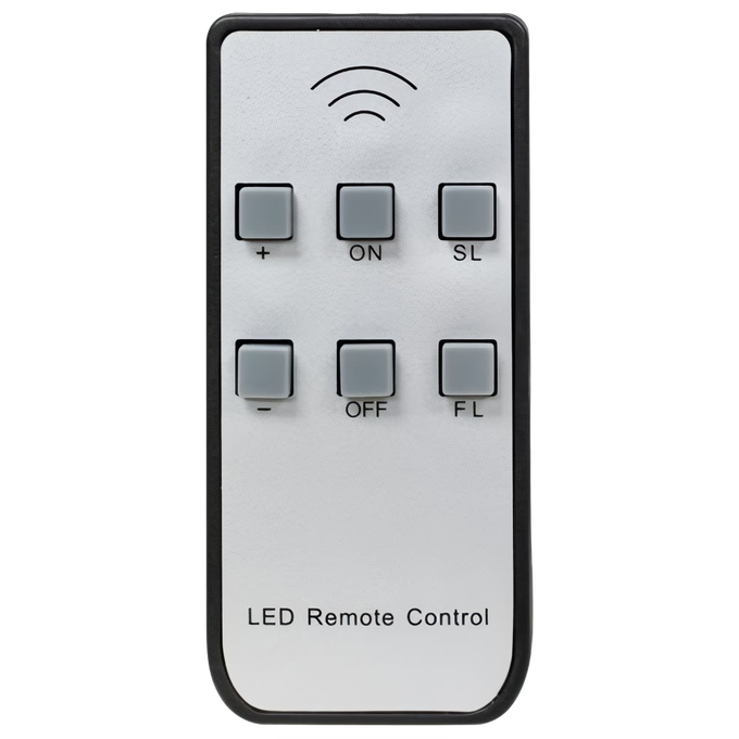 Compact LED remote control with six buttons including power, brightness adjustment, and timer functions, designed for use with LED clip-on candle lights in Home & Decor, Holiday Decor, Best Sellers, and Promo Eligible collections.