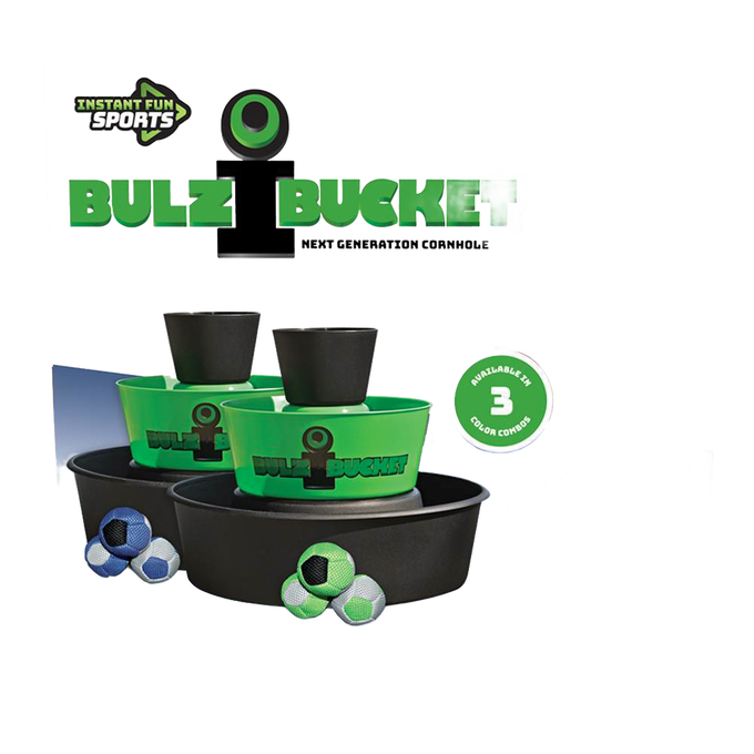 Set of two green and black lightweight buckets with matching soft balls and stackable cups, designed for fun indoor or outdoor play, featured in Toys, Books & Games and Lawn Games collections.