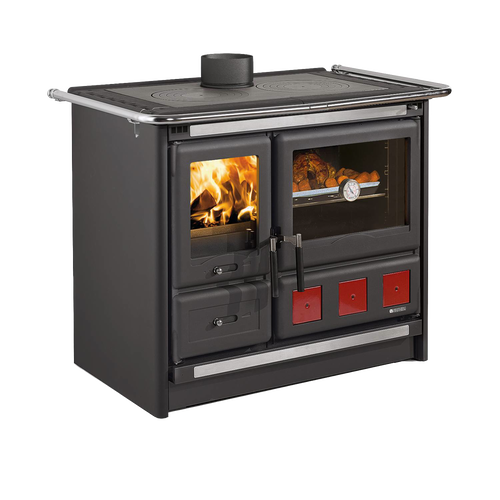 Freestanding cookstove with porcelain enameled steel oven door and cast iron cooking plates, featuring an extractable ash drawer and cast iron hearth facing, ideal for best sellers collections.