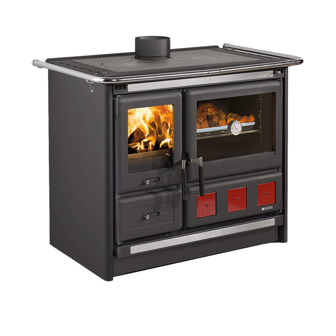 Freestanding cookstove with porcelain enameled steel oven door and cast iron cooking plates, featuring an extractable ash drawer and cast iron hearth facing, ideal for best sellers collections.