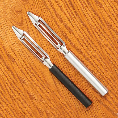 Two handcrafted Rada Vegetable Peelers with razor-sharp stainless steel blades, one with a solid aluminum handle and one with a black resin handle, made in USA, ideal for Kitchen & Food, Specialty Equipment, Peelers and Pitters, Best Sellers, and Promo Eligible collections.