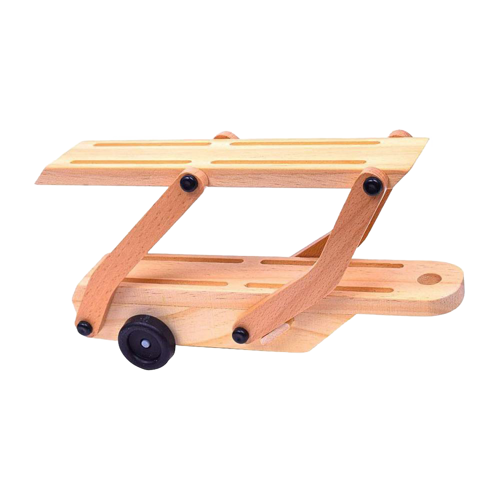 Handcrafted wooden car carrier trailer with natural wood finish, black wheels, and fold-down upper deck, designed for indoor play in children’s wooden toys and best sellers collections.