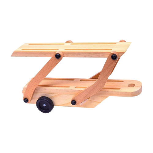 Handcrafted wooden car carrier trailer with natural wood finish, black wheels, and fold-down upper deck, designed for indoor play in children’s wooden toys and best sellers collections.