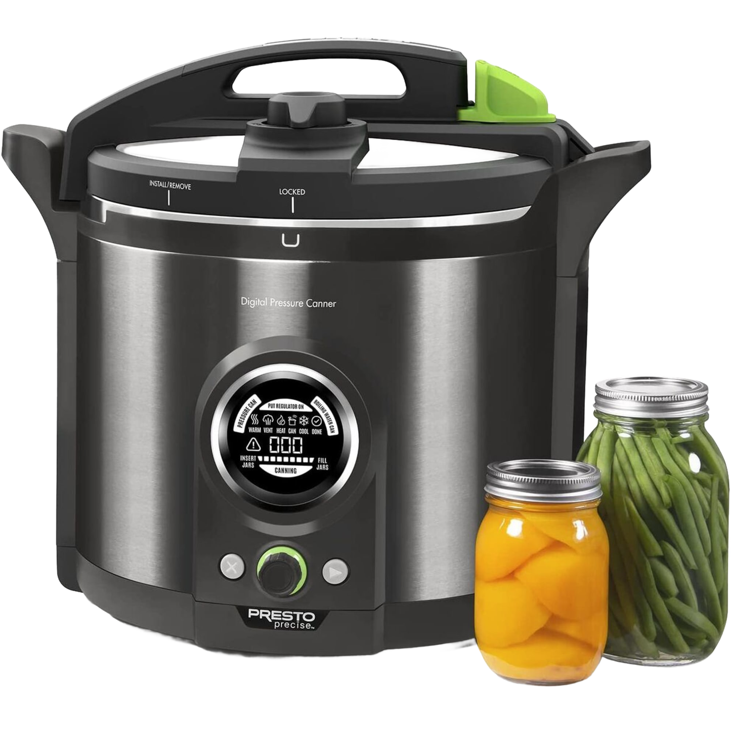 Modern electric pressure canner with stainless steel body and black handle featuring a digital display and green control accents, shown alongside jars of preserved vegetables in Kitchen & Food and Food Preservation collections.