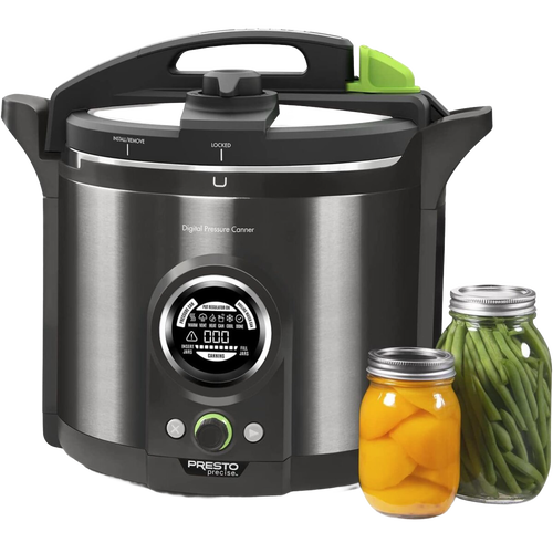 Modern electric pressure canner with stainless steel body and black handle featuring a digital display and green control accents, shown alongside jars of preserved vegetables in Kitchen & Food and Food Preservation collections.