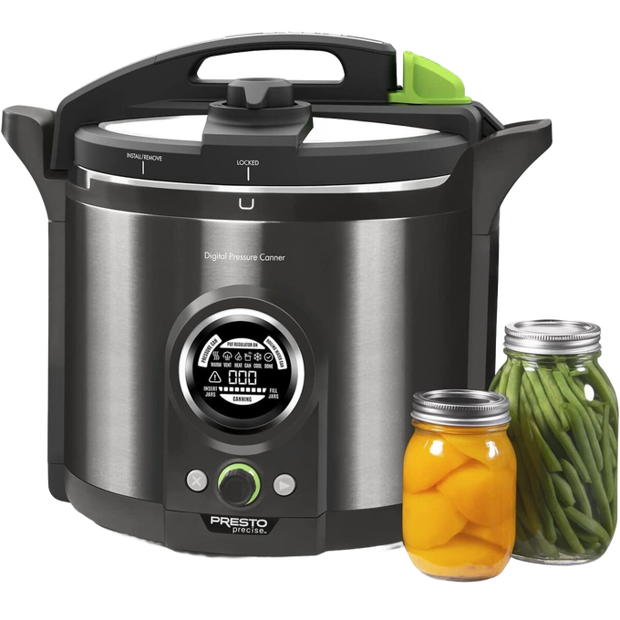 Modern electric pressure canner with stainless steel body and black handle featuring a digital display and green control accents, shown alongside jars of preserved vegetables in Kitchen & Food and Food Preservation collections.