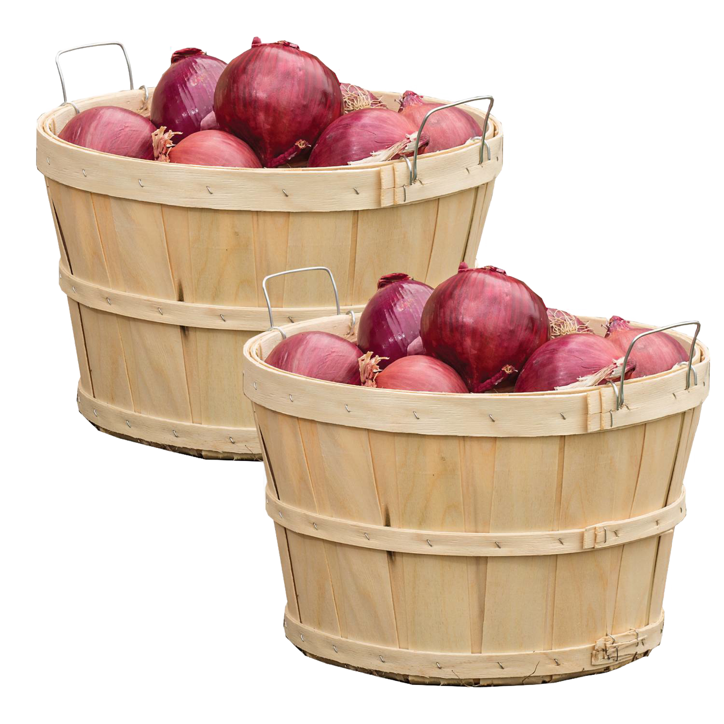Pair of handcrafted poplar wooden half bushel baskets filled with red onions, featuring metal wire handles; ideal for Farm, Garden & Tool, Garden Accessories, USA Made, Best Sellers, Promo Eligible collections.