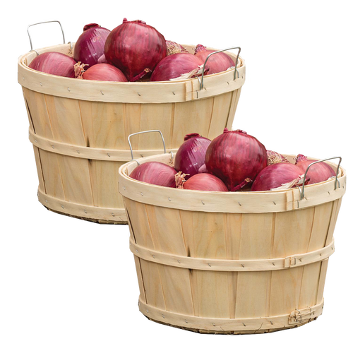 Pair of handcrafted poplar wooden half bushel baskets filled with red onions, featuring metal wire handles; ideal for Farm, Garden & Tool, Garden Accessories, USA Made, Best Sellers, Promo Eligible collections.