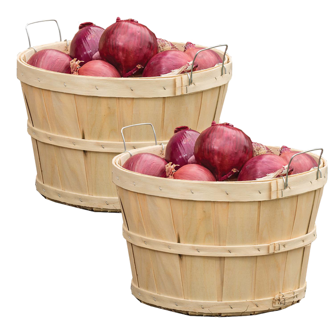 Pair of handcrafted poplar wooden half bushel baskets filled with red onions, featuring metal wire handles; ideal for Farm, Garden & Tool, Garden Accessories, USA Made, Best Sellers, Promo Eligible collections.