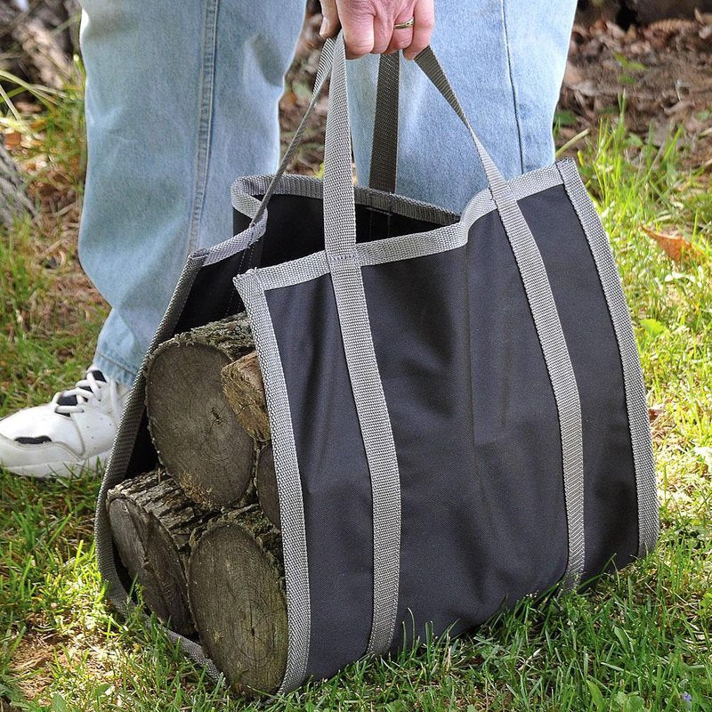 Handcrafted Amish-made canvas carrier with sturdy gray nylon straps, designed for carrying medium logs easily, featured in Farm, Garden & Tool, Stoves, Wood Cutting and Hauling, USA Made, and Hearth Accessories collections.