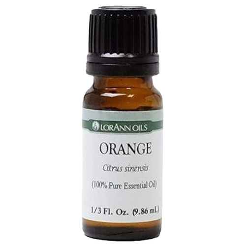 Small amber glass bottle with black cap containing pure orange essential oil, ideal for Health & Wellness, Candles and Candlemaking, and Soapmaking Supplies collections.