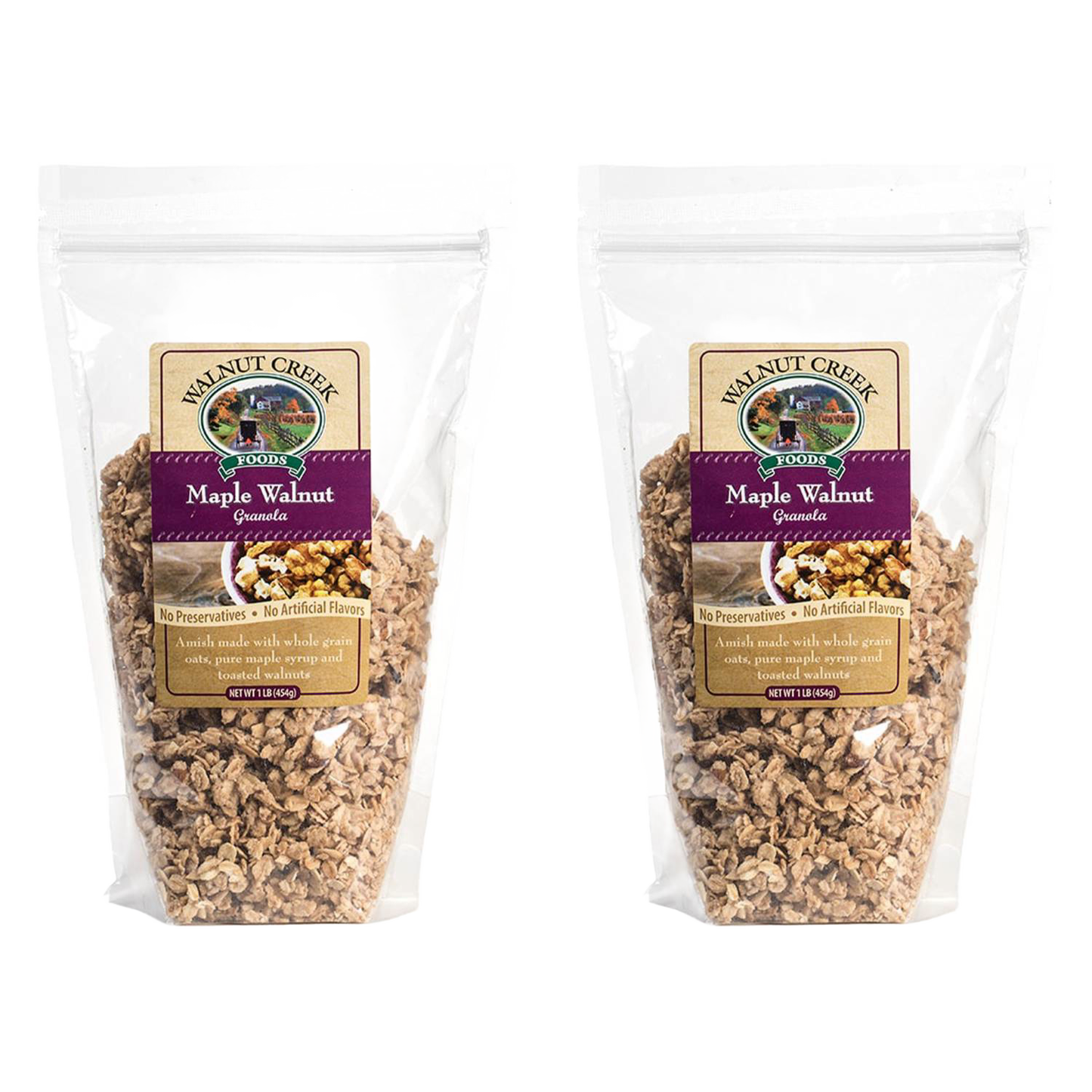 Two clear resealable bags of handcrafted Amish-made maple walnut granola with whole grain oats, pure maple syrup, and toasted walnuts, made in USA, ideal for Kitchen & Food and Snacks collections.