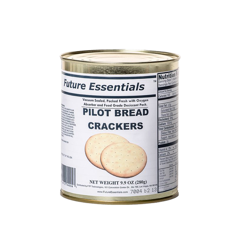 Metal can containing vacuum-sealed handcrafted pilot bread crackers with oxygen absorber and food-grade desiccant, ideal for Farm, Garden & Tool, Kitchen & Food, Emergency Supplies, Food, Pantry, Best Sellers, and Promo Eligible collections.