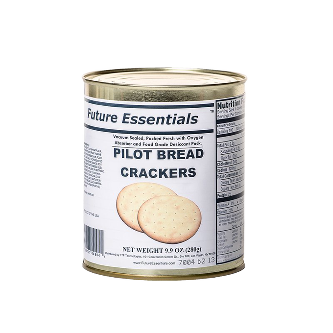 Metal can containing vacuum-sealed handcrafted pilot bread crackers with oxygen absorber and food-grade desiccant, ideal for Farm, Garden & Tool, Kitchen & Food, Emergency Supplies, Food, Pantry, Best Sellers, and Promo Eligible collections.