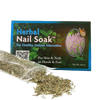 Box of herbal nail soak labeled as a natural remedy for skin and nails on hands and feet, featuring loose dried herbs spilling from a clear plastic bag, highlighting USA made health and wellness product benefits.