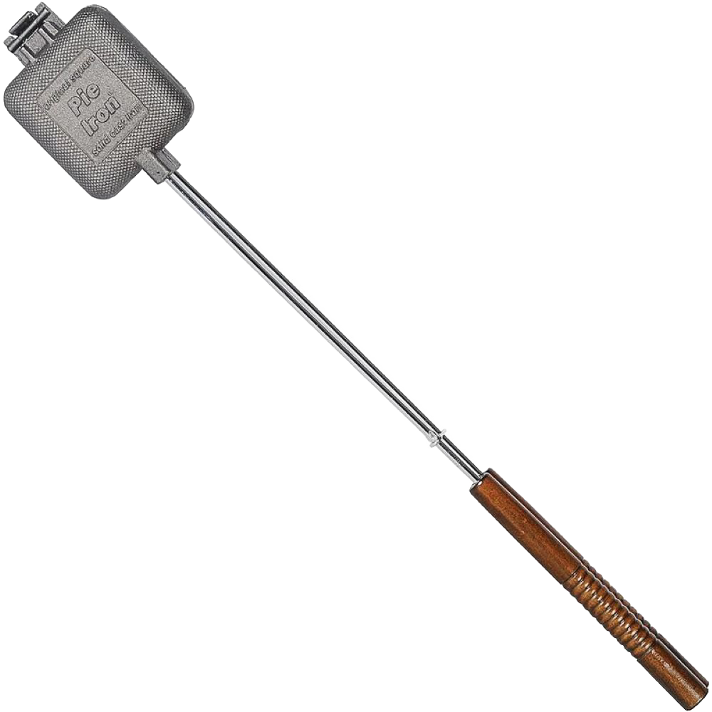 Square cast iron cooking iron with textured press surface and long metal handle featuring wood grip, designed for outdoor camping, featured in Farm, Garden & Tool, Best Sellers, and Promo Eligible collections.