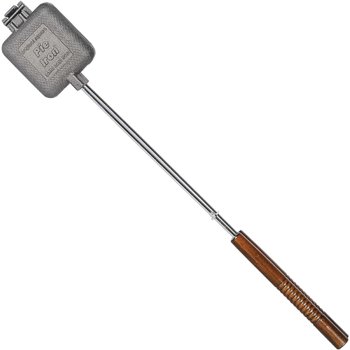 Square cast iron cooking iron with textured press surface and long metal handle featuring wood grip, designed for outdoor camping, featured in Farm, Garden & Tool, Best Sellers, and Promo Eligible collections.
