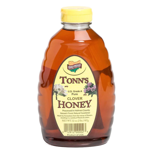 32 oz bottle of pure honey with amber color and yellow cap, featuring a label highlighting U.S. Grade A clover honey made in USA, ideal for Kitchen & Food and Pantry collections.
