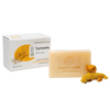 Handcrafted turmeric bar soap with natural ingredients and brightening properties, displayed alongside turmeric root pieces and packaging, ideal for Health & Wellness, Soaps, and Best Sellers collections.