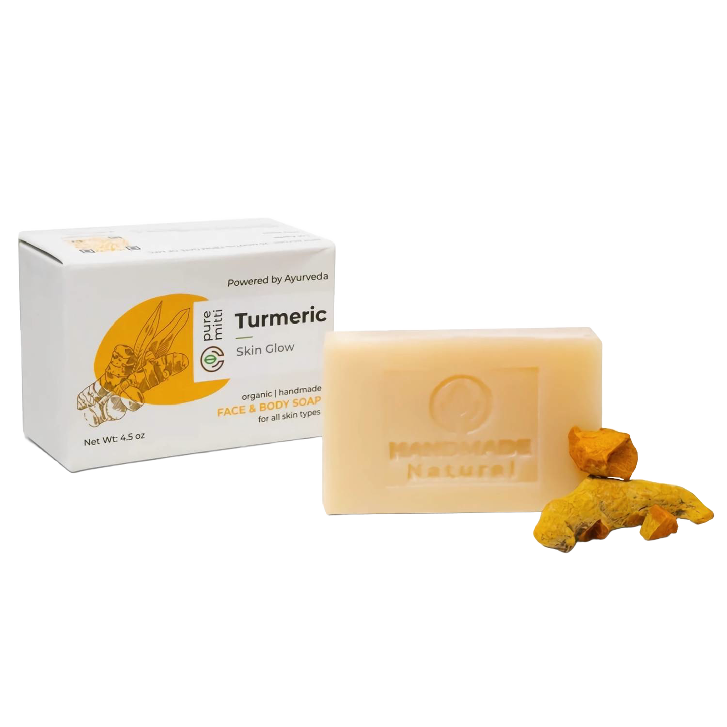 Handcrafted turmeric bar soap with natural ingredients and brightening properties, displayed alongside turmeric root pieces and packaging, ideal for Health & Wellness, Soaps, and Best Sellers collections.