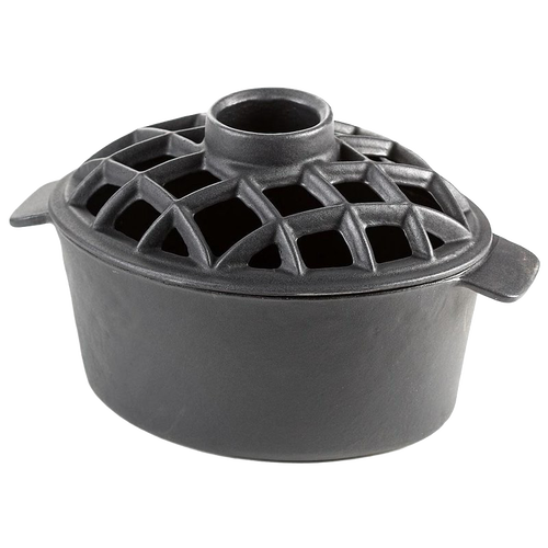 Heavy-duty flat black cast iron stovetop steamer with a lattice lid designed for use on wood stoves, adding moisture naturally, featured in Stoves and Hearth Accessories collections.